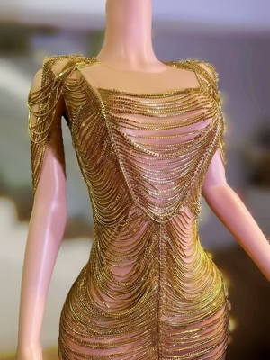 Kimshein AD2539 Gold Fashion Dance Costume Stage Performance Luxurious Fringe Crystal Rhinestone Dress with Custom Logo