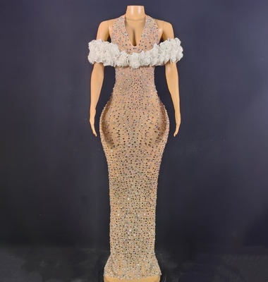 Illusion Element AD2544 Off-Shoulder Dress for Women's Evening Party with Water Diamond Embellishment and No Sleeves