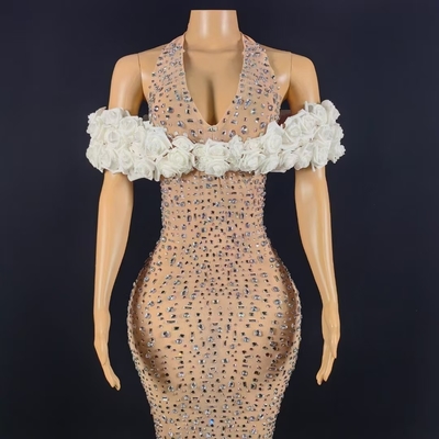 Illusion Element AD2544 Off-Shoulder Dress for Women's Evening Party with Water Diamond Embellishment and No Sleeves