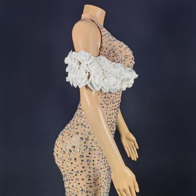 Illusion Element AD2544 Off-Shoulder Dress for Women's Evening Party with Water Diamond Embellishment and No Sleeves