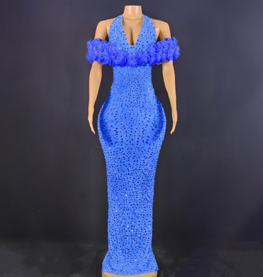 Illusion Element AD2544 Off-Shoulder Dress for Women's Evening Party with Water Diamond Embellishment and No Sleeves