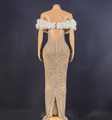 Illusion Element AD2544 Off-Shoulder Dress for Women's Evening Party with Water Diamond Embellishment and No Sleeves