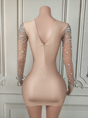 Kimshein AD2548 Luxury Women's Long-Sleeved Mini Dress with V-Neck and Beaded Detailing in 160g Fabric Mesh Type