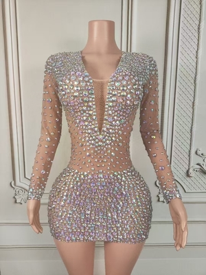 Kimshein AD2548 Luxury Women's Long-Sleeved Mini Dress with V-Neck and Beaded Detailing in 160g Fabric Mesh Type