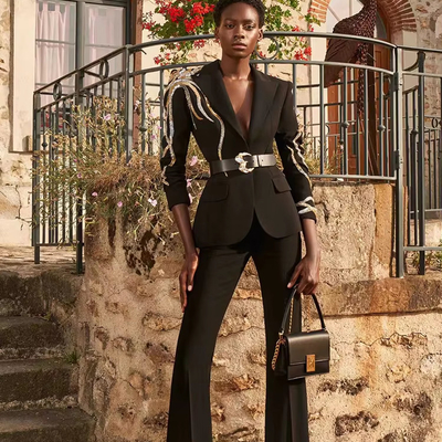 SR2288 Women's Fashion Office Suit 2-Piece Set of Jacket and Pants 400g Fabric Weight Made in with Pearl Embellishments