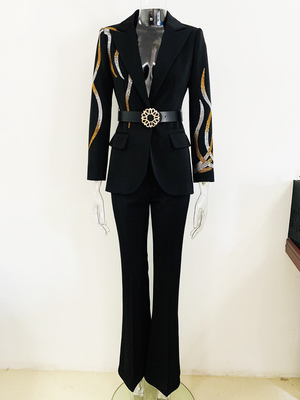 SR2288 Women's Fashion Office Suit 2-Piece Set of Jacket and Pants 400g Fabric Weight Made in with Pearl Embellishments