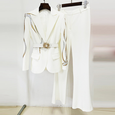 SR2288 Women's Fashion Office Suit 2-Piece Set of Jacket and Pants 400g Fabric Weight Made in with Pearl Embellishments