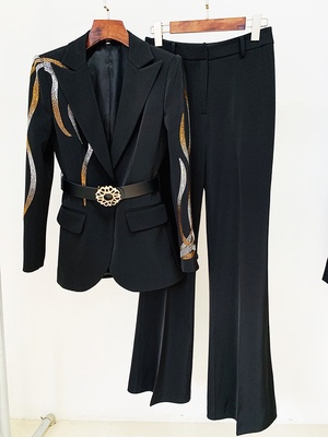 SR2288 Women's Fashion Office Suit 2-Piece Set of Jacket and Pants 400g Fabric Weight Made in with Pearl Embellishments
