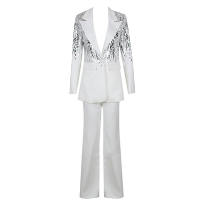Spring V-Neck Sequin Elegant Women's Two-Piece Suit White Formal Set with Long Sleeves Blazer and Pants