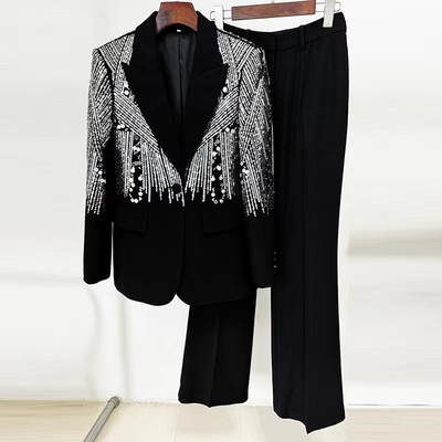 Spring V-Neck Sequin Elegant Women's Two-Piece Suit White Formal Set with Long Sleeves Blazer and Pants