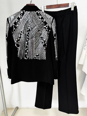 Spring V-Neck Sequin Elegant Women's Two-Piece Suit White Formal Set with Long Sleeves Blazer and Pants