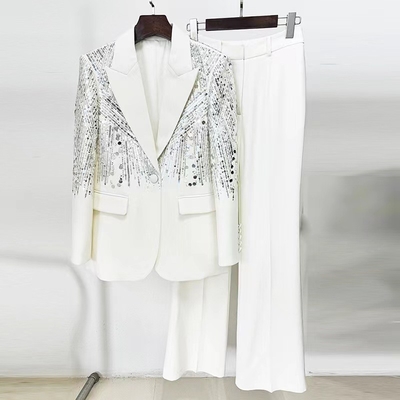 Spring V-Neck Sequin Elegant Women's Two-Piece Suit White Formal Set with Long Sleeves Blazer and Pants
