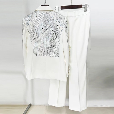 Spring V-Neck Sequin Elegant Women's Two-Piece Suit White Formal Set with Long Sleeves Blazer and Pants