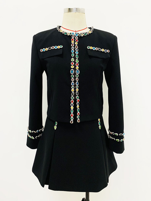 SR2299 Black Luxury Crystal Suit Jacket Dress Diamond Sexy Party Spring Set Colorful Diamond Two-Piece Suit for Spring