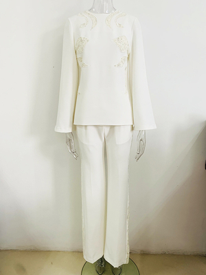 SR2306 Kimshein European and American Lace Long Sleeve Pants Suit for Women Fashion Two-Piece Set Lightweight 180g Fabric