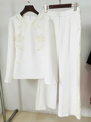 SR2306 Kimshein European and American Lace Long Sleeve Pants Suit for Women Fashion Two-Piece Set Lightweight 180g Fabric