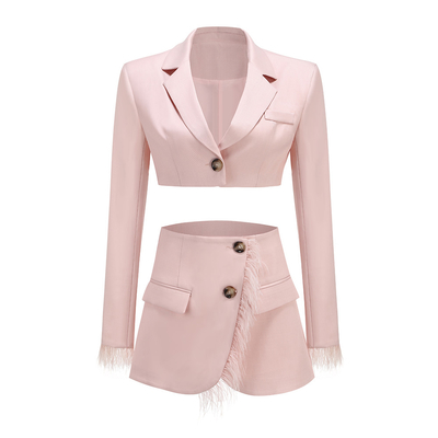 SR2323 Kimshein Spring and Autumn Women's Party Outfit Fashion Feather Two-Piece Set Coarse Fabric for Your Next Shindig