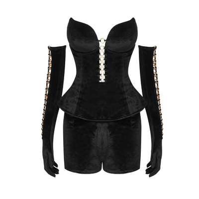 Stock Fashionable Black Velvet Two-Piece Off-Shoulder Sleeveless Knee-Length Pure Color Evening Dress for Women SS2297
