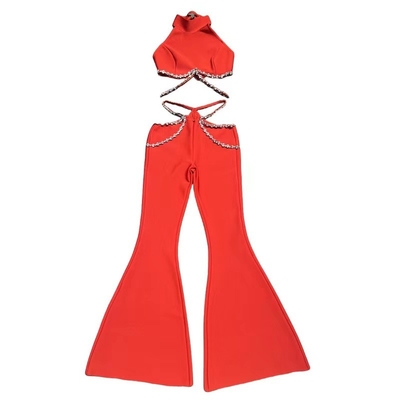 SS2298 Summer Red Hot Sexy Two-Piece Luxury Diamond Crystal Set for Women Hollow Out Bandage Sleeveless Fabric Type Bandage