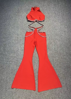 SS2298 Summer Red Hot Sexy Two-Piece Luxury Diamond Crystal Set for Women Hollow Out Bandage Sleeveless Fabric Type Bandage