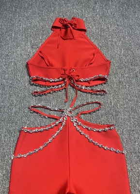 SS2298 Summer Red Hot Sexy Two-Piece Luxury Diamond Crystal Set for Women Hollow Out Bandage Sleeveless Fabric Type Bandage