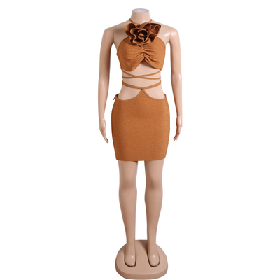 7-Day Fast Sampling Brown Summer Bandage Two-Piece Jumpsuit with Floral Print and Backless Design Printed by Printing Method