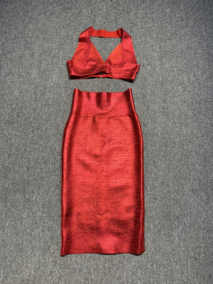 Kimshein Summer Sexy Tight Jumpsuit Set with Gold Foil Print Sleeveless Halter Top and Bodycon Dress Satin Fabric Type