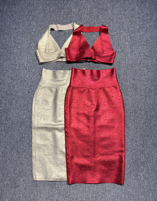 Kimshein Summer Sexy Tight Jumpsuit Set with Gold Foil Print Sleeveless Halter Top and Bodycon Dress Satin Fabric Type