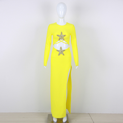 Summer Sexy Birthday Party Set for Women SS2296 Yellow Long Sleeve High Slit Two-Piece Tight Skirt Set from Guangdong