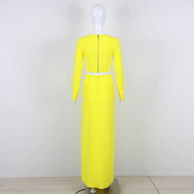 Summer Sexy Birthday Party Set for Women SS2296 Yellow Long Sleeve High Slit Two-Piece Tight Skirt Set from Guangdong