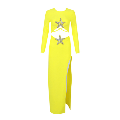 Summer Sexy Birthday Party Set for Women SS2296 Yellow Long Sleeve High Slit Two-Piece Tight Skirt Set from Guangdong