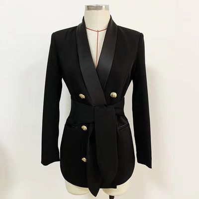 Kimshein Women's High Fashion Luxurious Long Sleeve Gold Button Casual Sports Jacket with Waist Belt Classic Ladies Coat