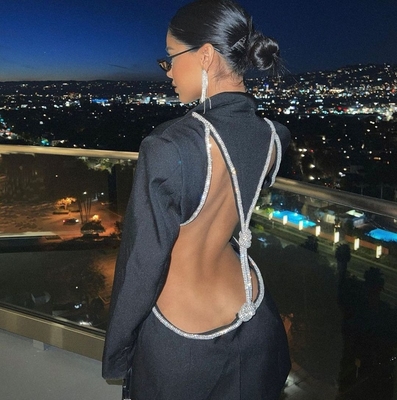 Casual H3333 Kimshein Women's Sexy Deep V-Neck Open Back Strap Sequin Long Sleeve Suit Jacket for Dazzling Appearance