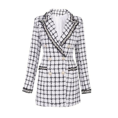 Full Sleeve White H3266 Luxurious Grid Office Long Jacket Suit Coat for Women in the Corporate Environment