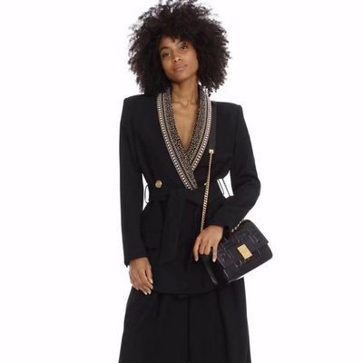 150g-200g Filling Amount H3295 Customized Office Lady V-neck Double-Breasted Black Long Sleeve Suit Jacket for Women