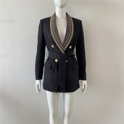 150g-200g Filling Amount H3295 Customized Office Lady V-neck Double-Breasted Black Long Sleeve Suit Jacket for Women
