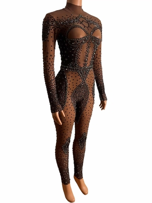 AD1528 Kimshein Women's Luxurious Mesh Fabric Transparent Tight Water Diamond Beaded Jumpsuit and Evening Sportswear