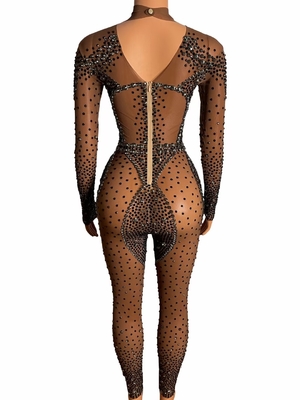 AD1528 Kimshein Women's Luxurious Mesh Fabric Transparent Tight Water Diamond Beaded Jumpsuit and Evening Sportswear