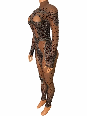 AD1528 Kimshein Women's Luxurious Mesh Fabric Transparent Tight Water Diamond Beaded Jumpsuit and Evening Sportswear