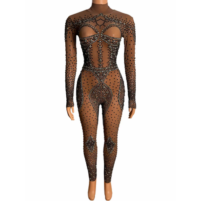 AD1528 Kimshein Women's Luxurious Mesh Fabric Transparent Tight Water Diamond Beaded Jumpsuit and Evening Sportswear