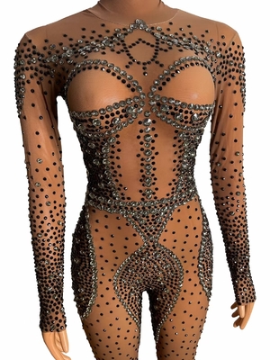 AD1528 Kimshein Women's Luxurious Mesh Fabric Transparent Tight Water Diamond Beaded Jumpsuit and Evening Sportswear