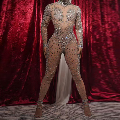 AD1529 Women's Long Sleeve Transparent Tight-fitting Water Diamond Shiny Sequin Embellished Jumpsuit and Slim Fit Design