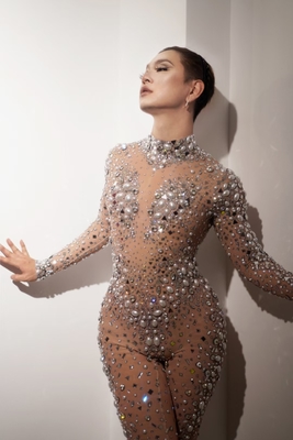 AD1529 Women's Long Sleeve Transparent Tight-fitting Water Diamond Shiny Sequin Embellished Jumpsuit and Slim Fit Design
