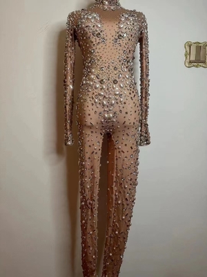 AD1529 Women's Long Sleeve Transparent Tight-fitting Water Diamond Shiny Sequin Embellished Jumpsuit and Slim Fit Design