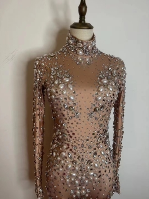 AD1529 Women's Long Sleeve Transparent Tight-fitting Water Diamond Shiny Sequin Embellished Jumpsuit and Slim Fit Design