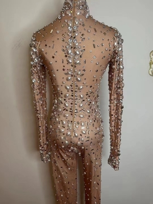 AD1529 Women's Long Sleeve Transparent Tight-fitting Water Diamond Shiny Sequin Embellished Jumpsuit and Slim Fit Design