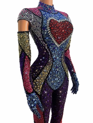 AD1469 Kimshein Luxury Women's Handcrafted Crystal Sports Suit Tight Long Sleeve Colorful Rhinestone Athletic Bodysuit