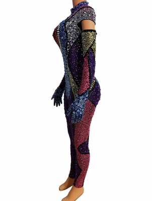 AD1469 Kimshein Luxury Women's Handcrafted Crystal Sports Suit Tight Long Sleeve Colorful Rhinestone Athletic Bodysuit