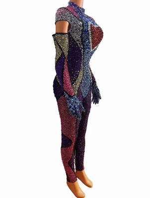 AD1469 Kimshein Luxury Women's Handcrafted Crystal Sports Suit Tight Long Sleeve Colorful Rhinestone Athletic Bodysuit