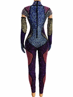 AD1469 Kimshein Luxury Women's Handcrafted Crystal Sports Suit Tight Long Sleeve Colorful Rhinestone Athletic Bodysuit